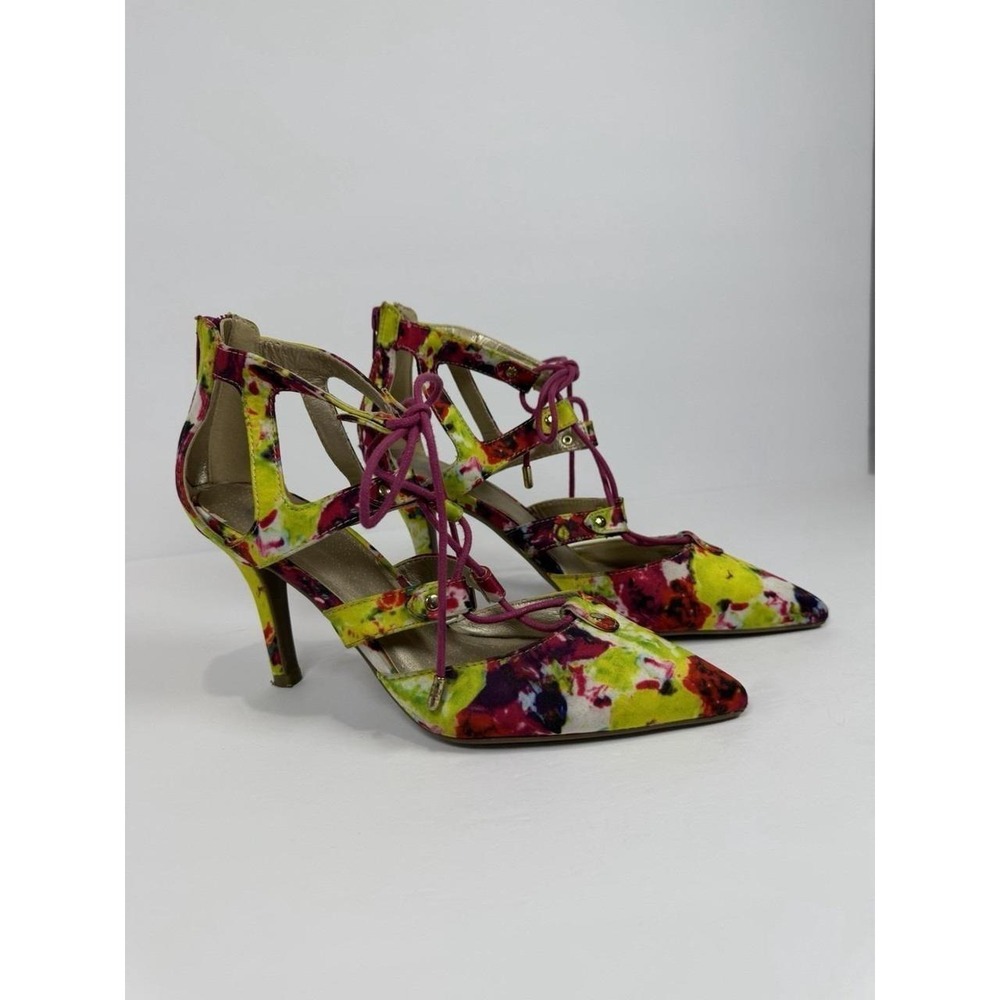 G by Guess Yellow and Magenta Floral Lace-Up Pointed-Toe Heels 7M
